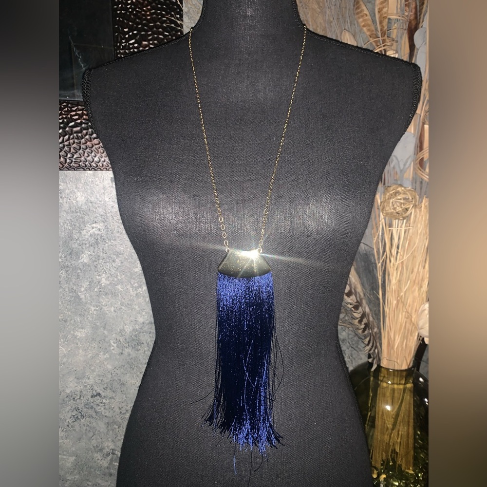 Long Chain Necklace With Navy Blue Tassel